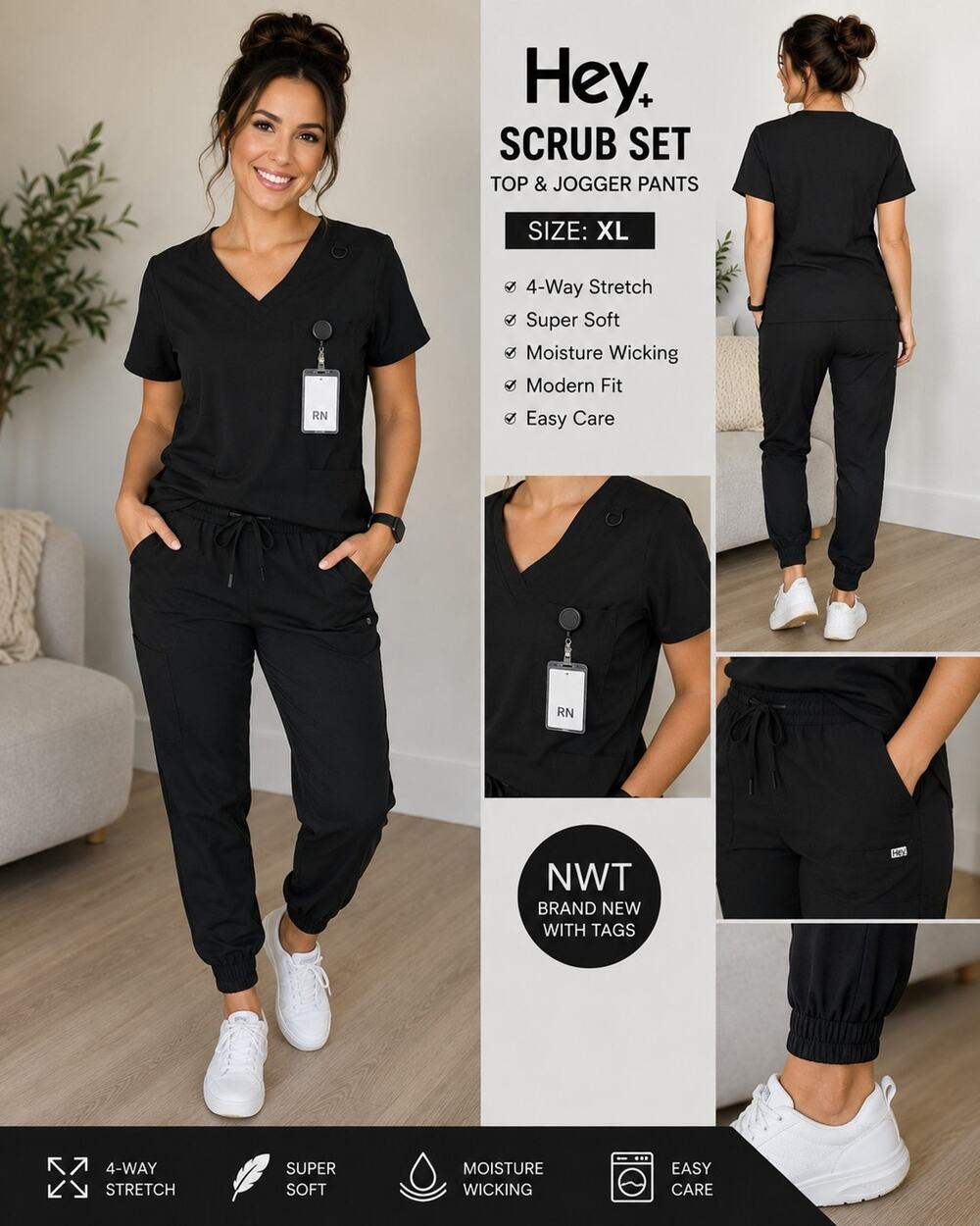 Hey+ Black Scrub Set XL 4-Way Stretch V-Neck Top Jogger Pants NWT Unisex